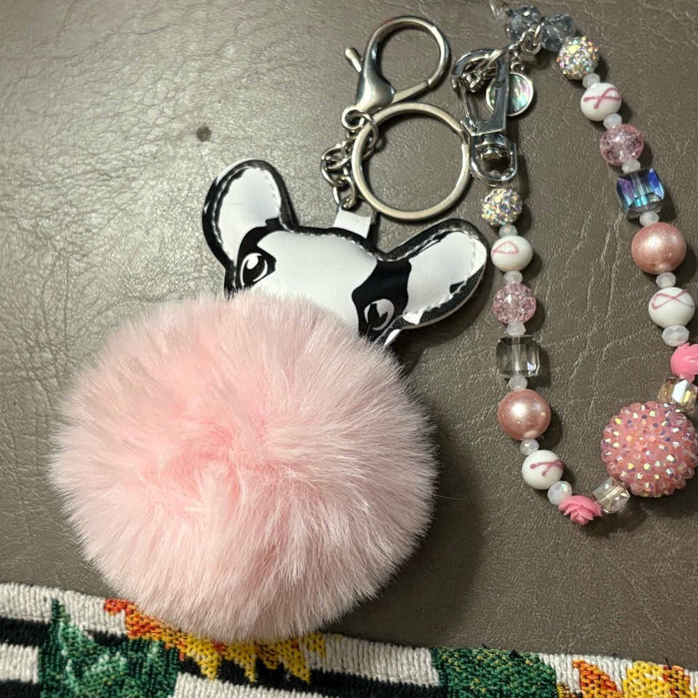 Pink Fluffy Keychain with Animal Design